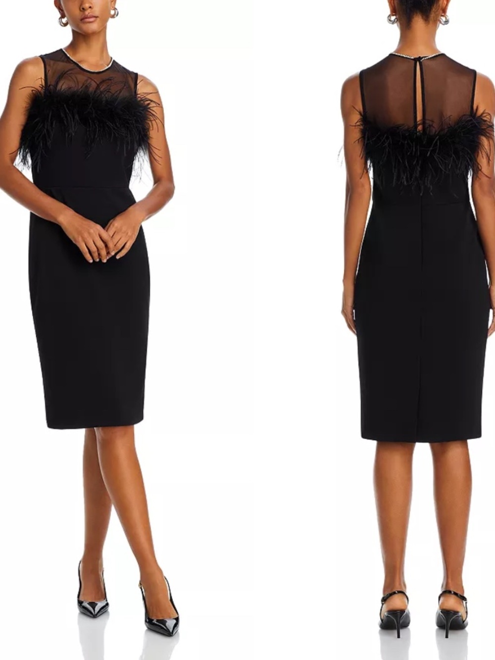 NEW ELIZA J Black FEATHER TRIM Illusion Neck SHEATH Cocktail DRESS US 4